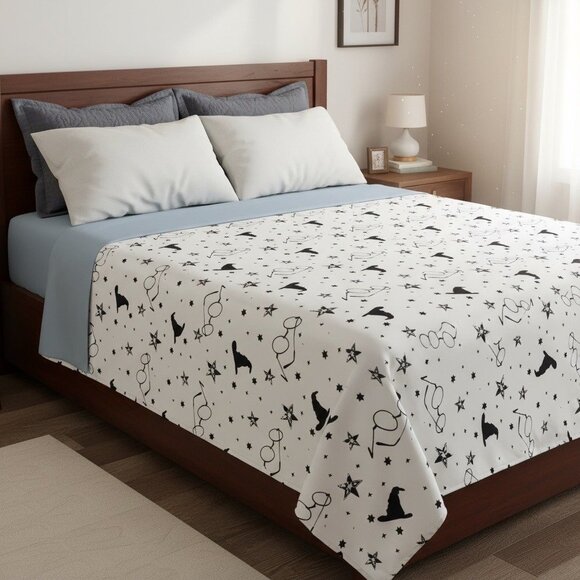 Harry Potter Full Size Flat Sheet Jay Franco Glasses Stars Wizard Hat White Blac - Picture 4 of 4